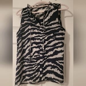 Loft Zebra Print Pintucked Ruffle Tie Neck Shell